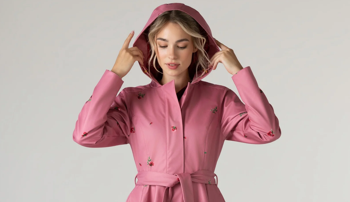 A women wearing RainSisters pink coat Raspberry Sorbet