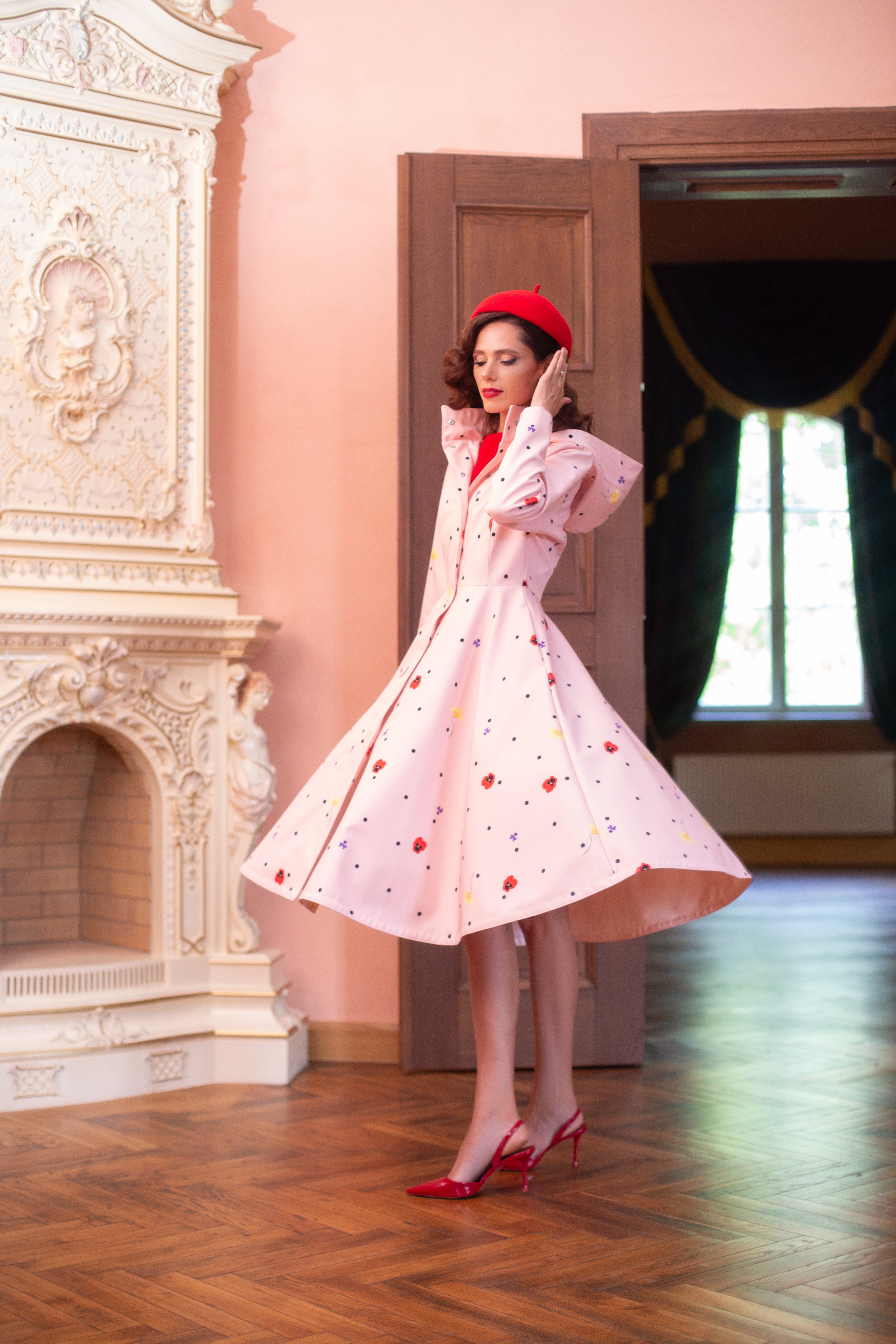 Pink coat with polka dot print