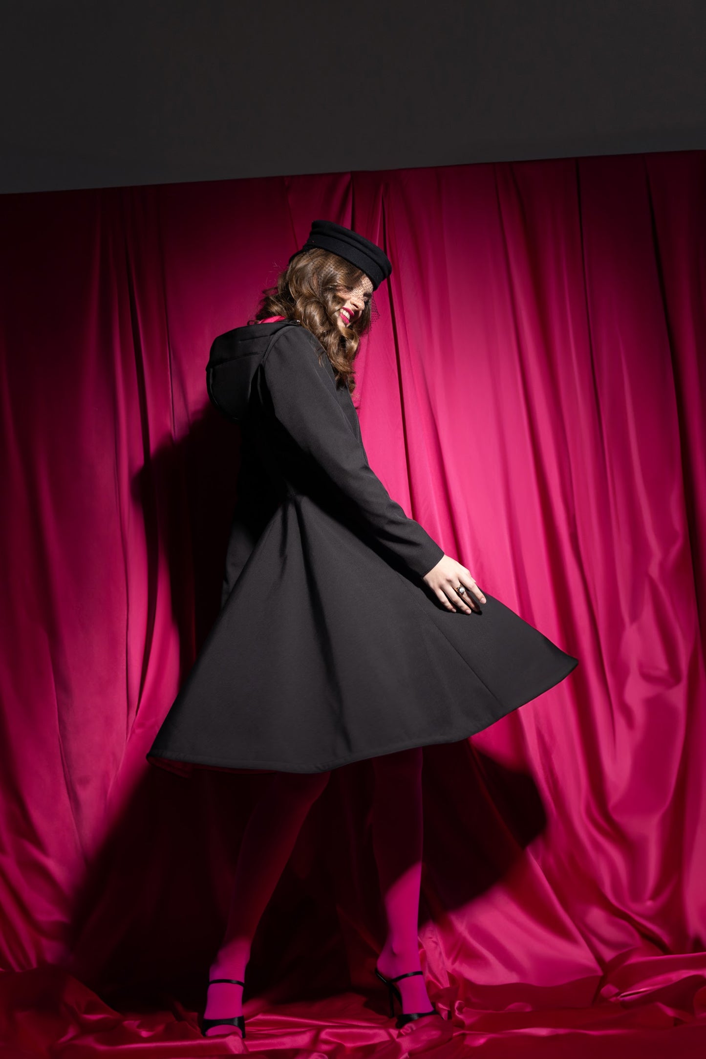 Solid Black Swing Coat with Fuchsia Pink Lining