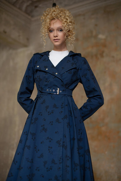 Dark Blue Coat with Floral Print in Black