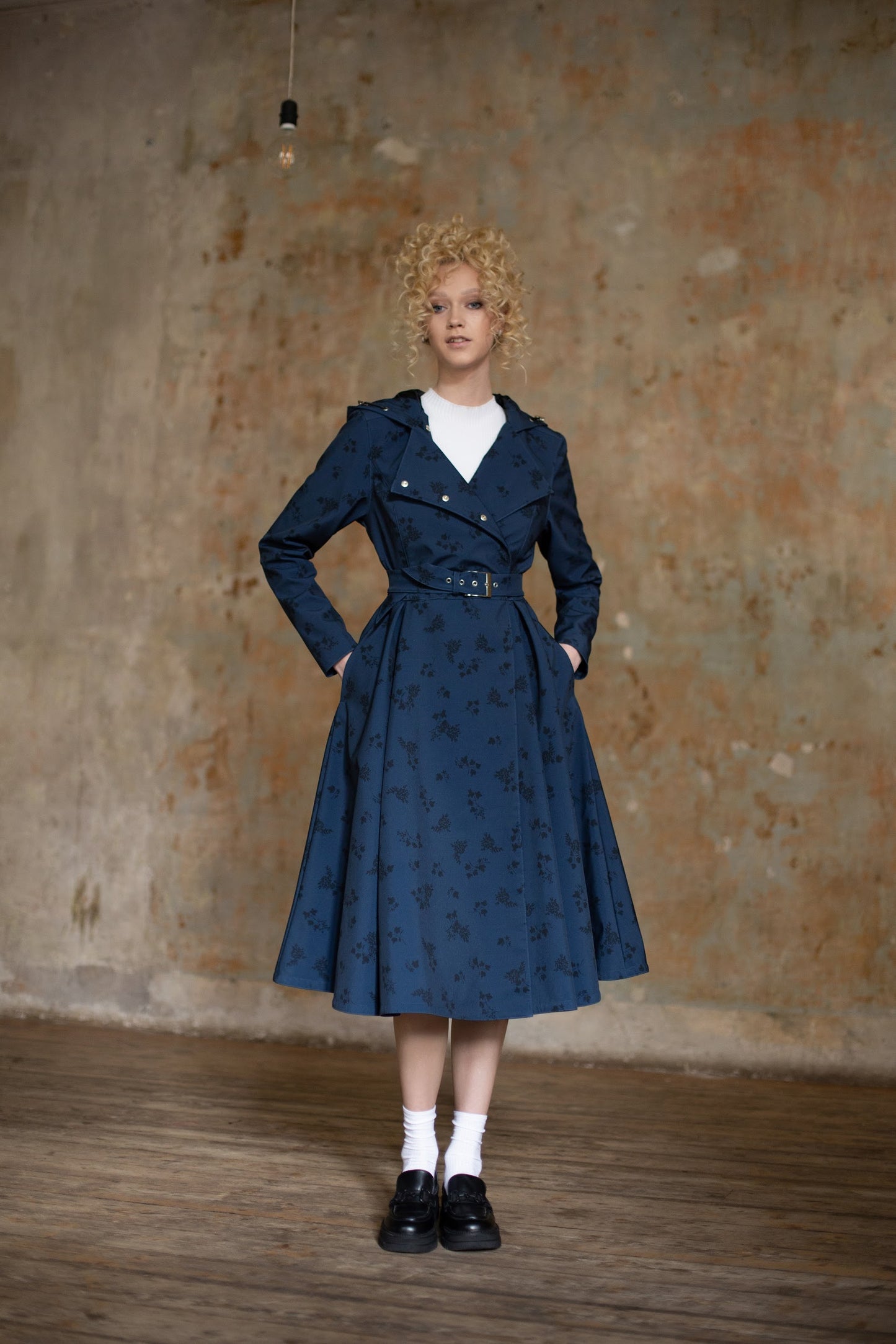 Waterproof Dark Blue Coat with Floral Print in Black