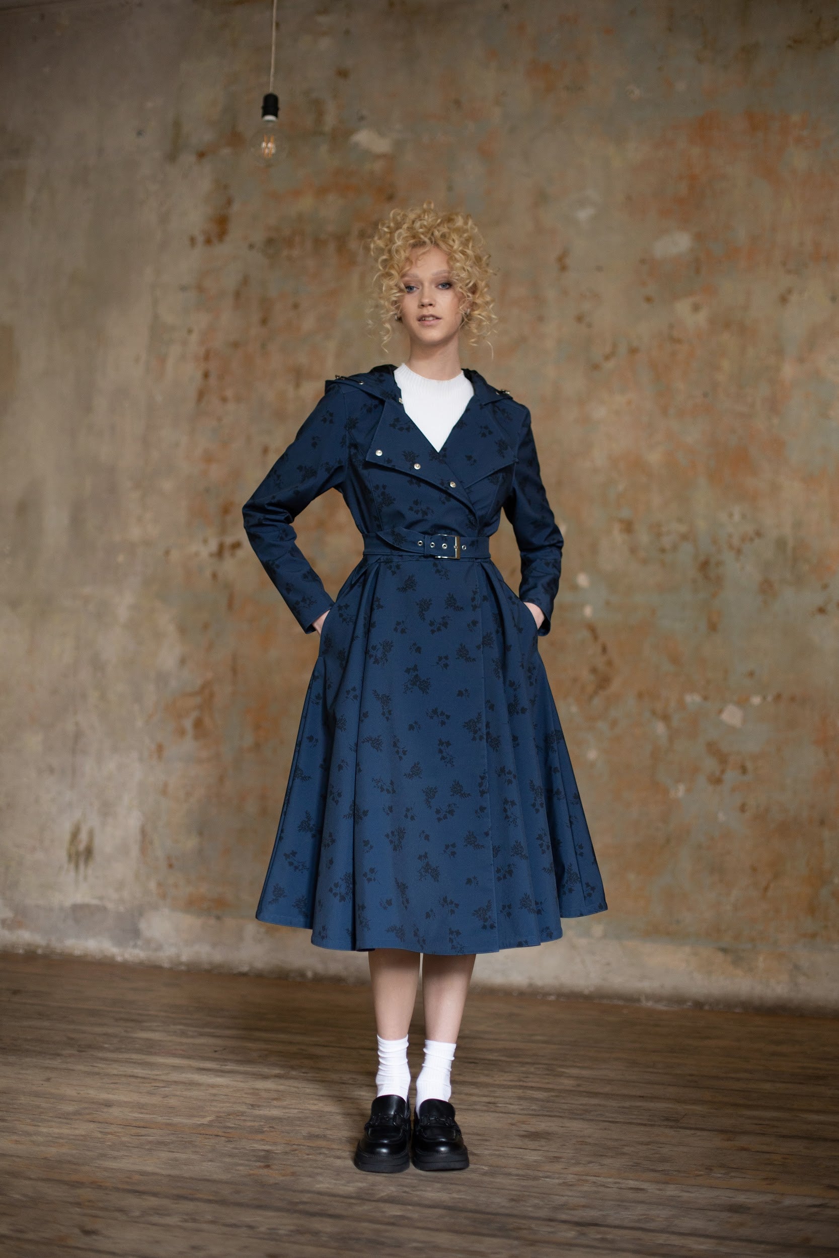 Waterproof Dark Blue Coat with Floral Print in Black