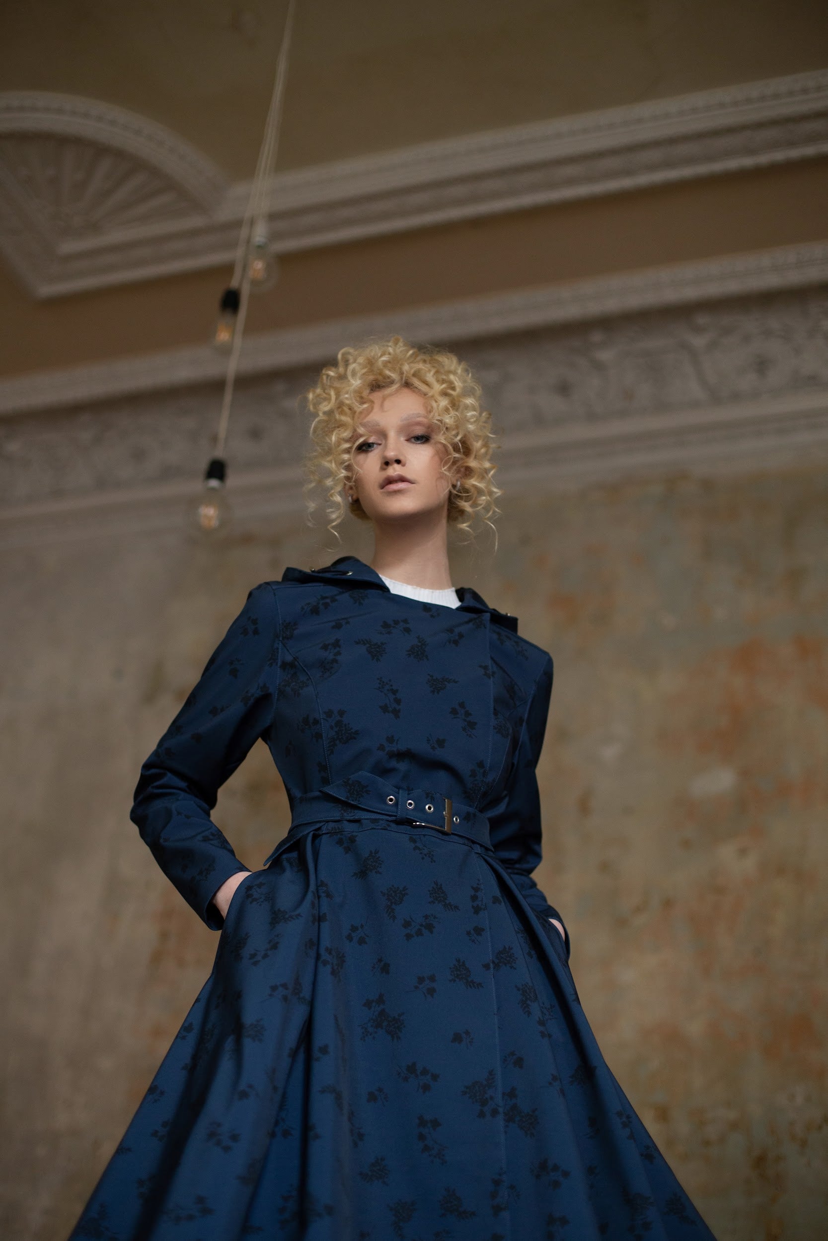 Double Breasted Trench Coat in Dark Blue with Black Floral Print   RainSisters