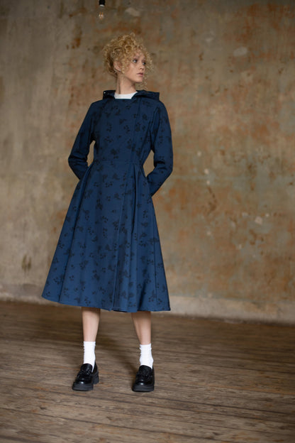Fitted and Flared Dark Blue Coat with Floral Print 