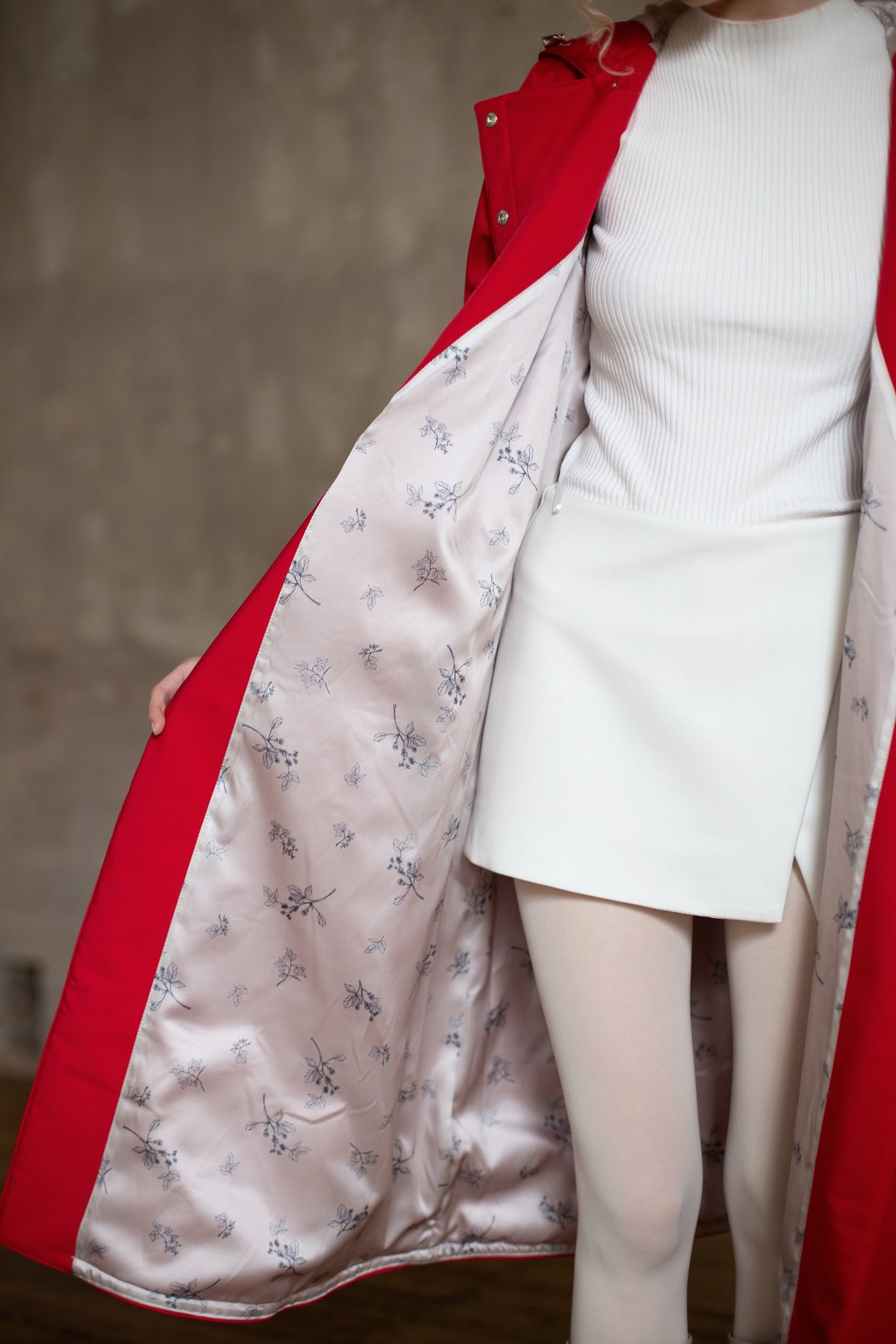 Midi length a-line cut coat in red with light full body lining