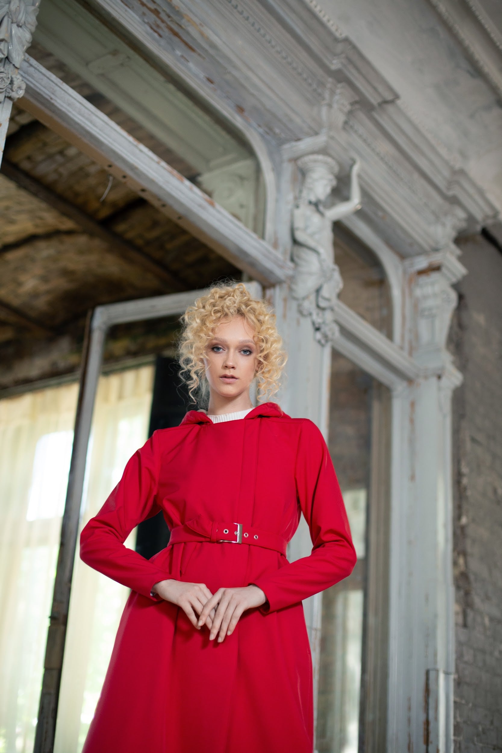 Belted double breasted waterproof coat in red