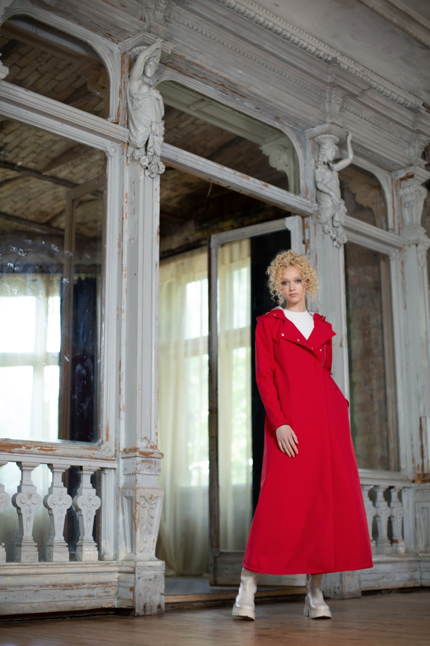 Maxi length bright red coat in a-line cut