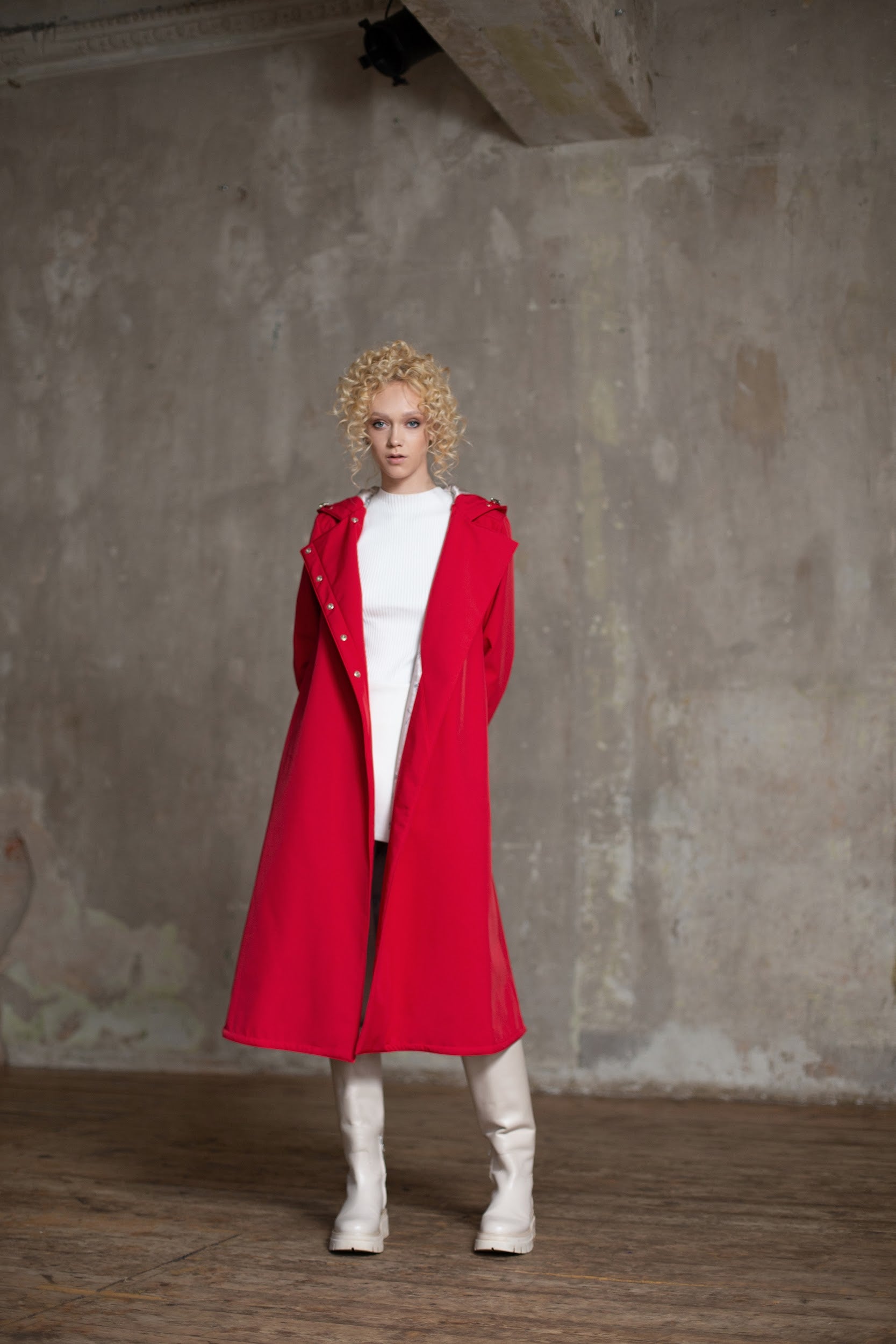 Midi length a-line cut coat in red
