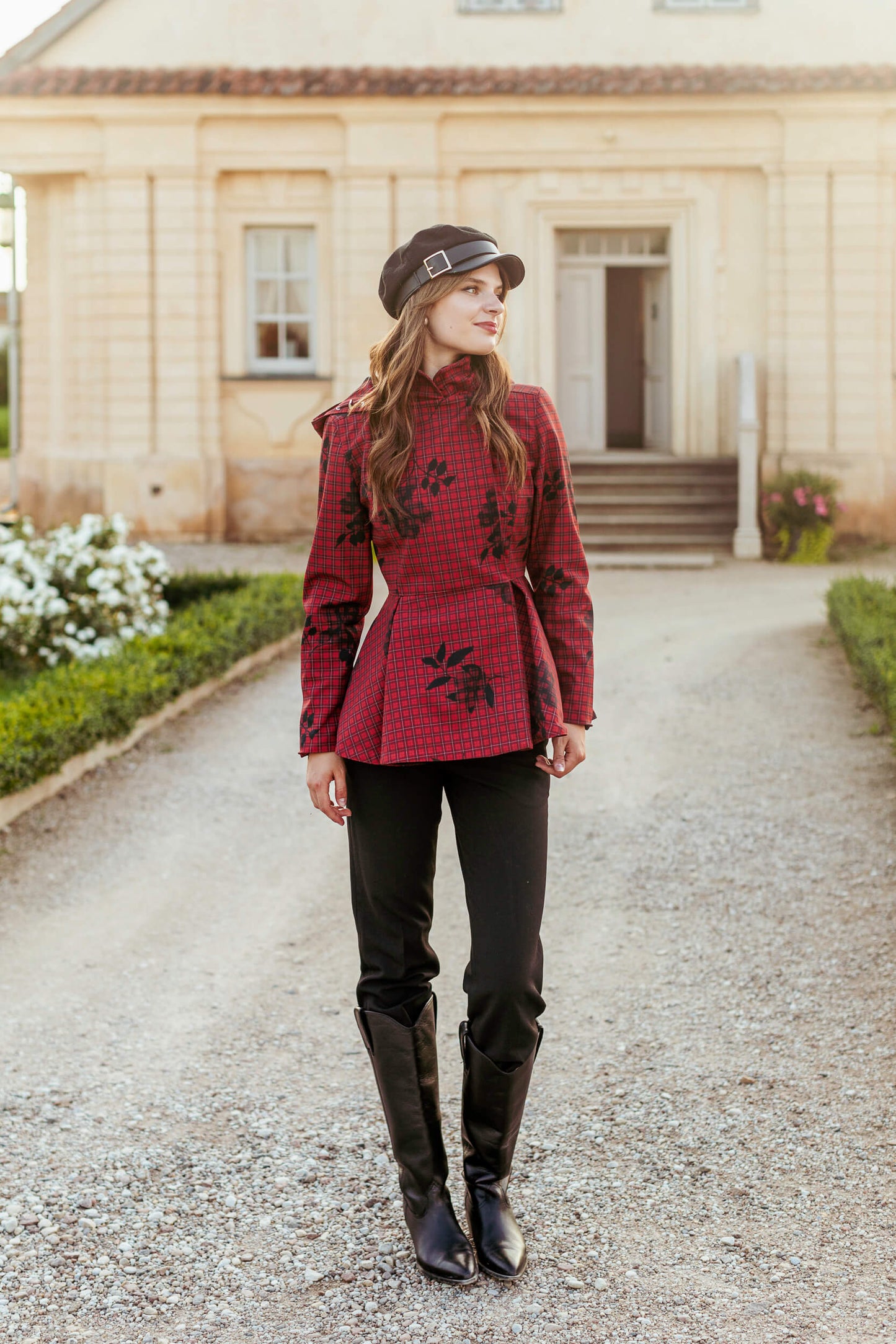 Model styled in the Crimson Heart jacket for a bold everyday look.