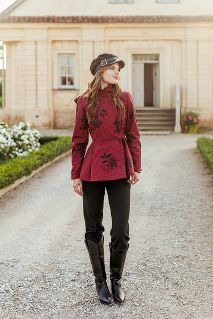 Model styled in the Crimson Heart jacket for a bold everyday look.