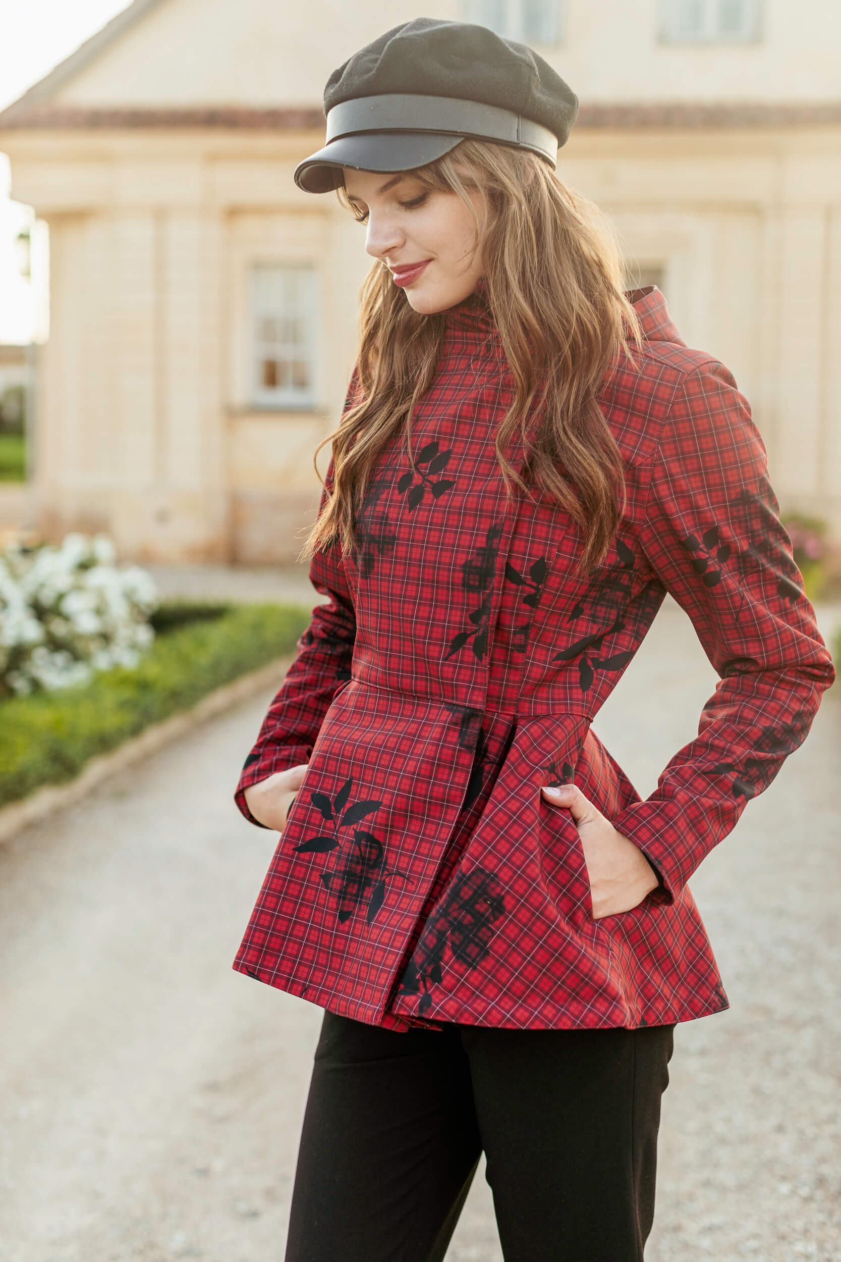 Walking confidently in the Crimson Heart red jacket with tailored fit.