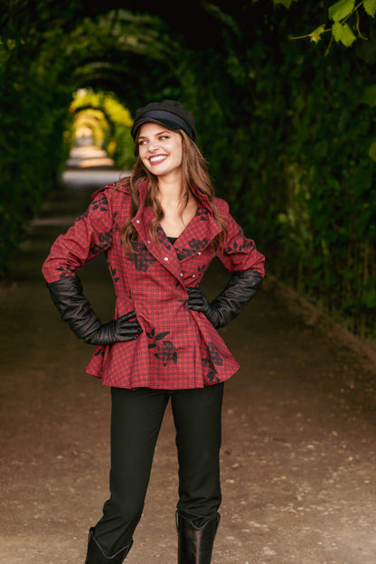 Romantic seasonal outfit with the Crimson Heart jacket in deep red.