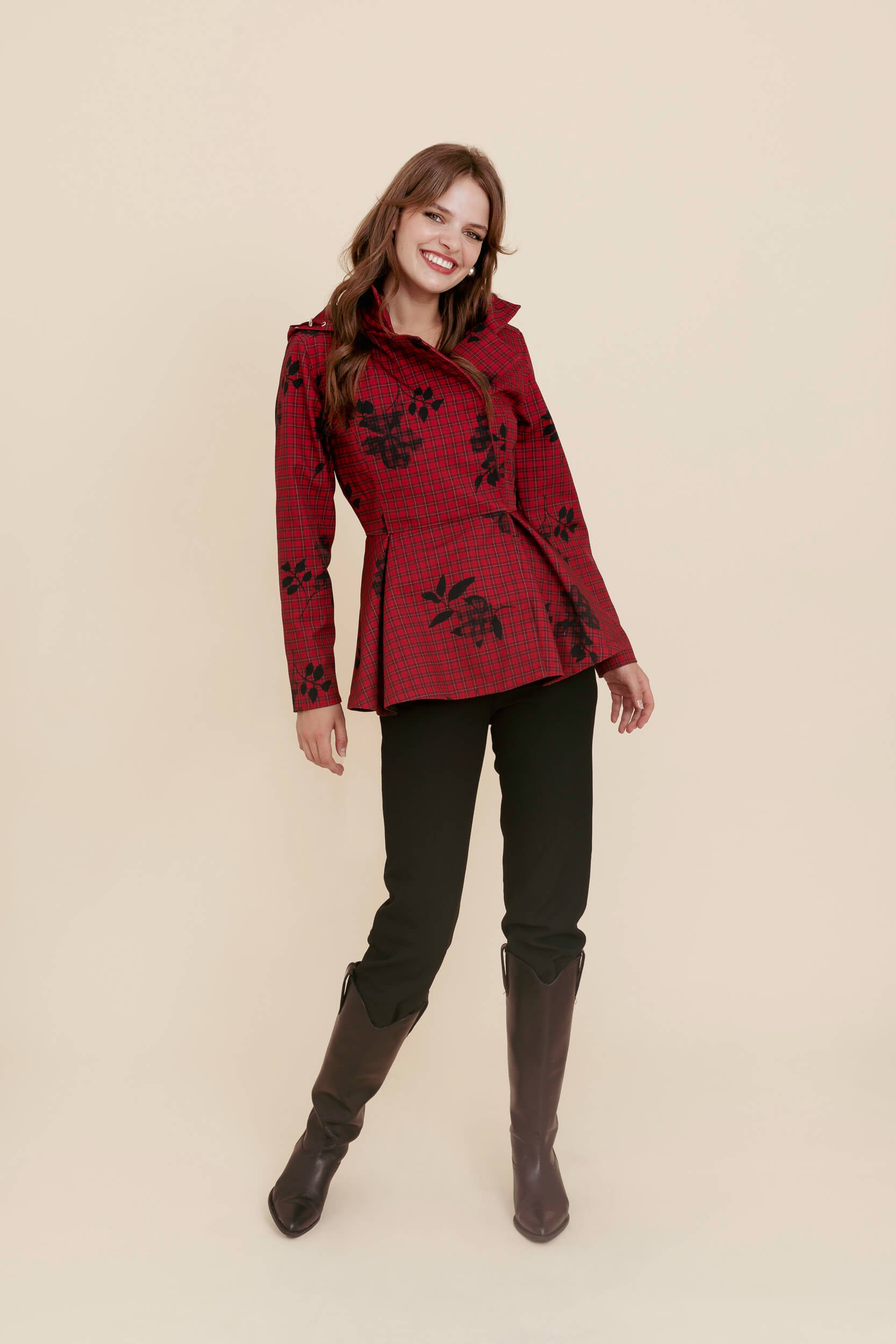 Day-to-night look with the Crimson Heart jacket adding bold color.