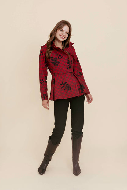 Day-to-night look with the Crimson Heart jacket adding bold color.