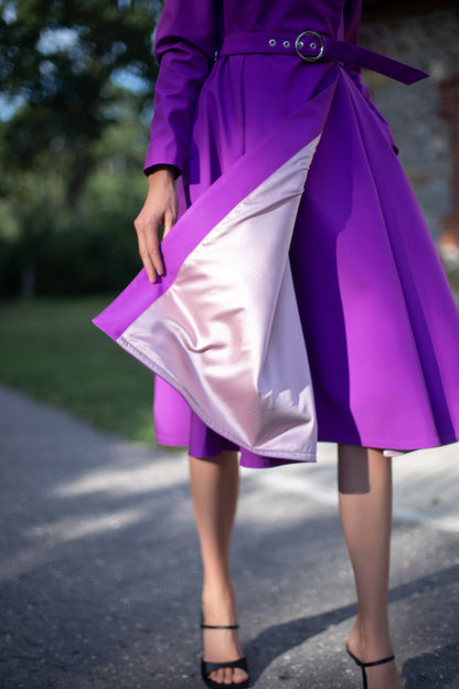 Hooded trench coat in Fuchsia color with sh pink lining