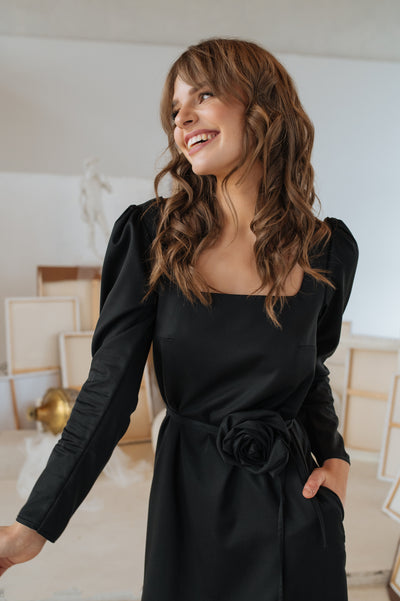 Detailed shot of the Lyocell-blend fabric and rose belt texture, showing the quality and soft sheen.