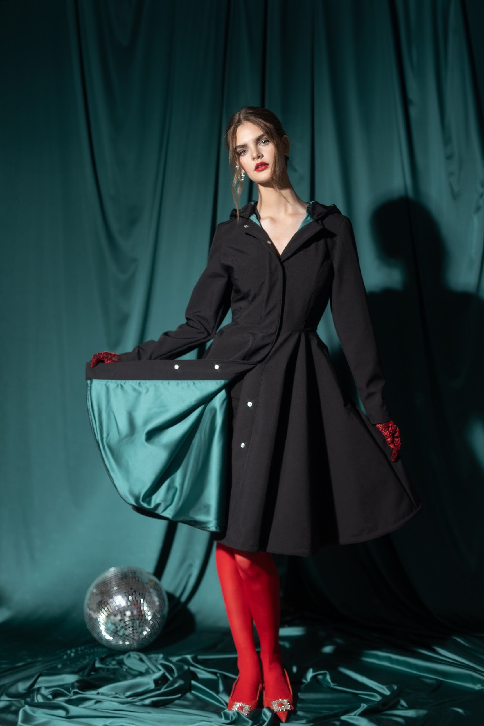 Fitted and Flared Coat with Full Circle Skirt in Black with Emerald Green –  RainSisters