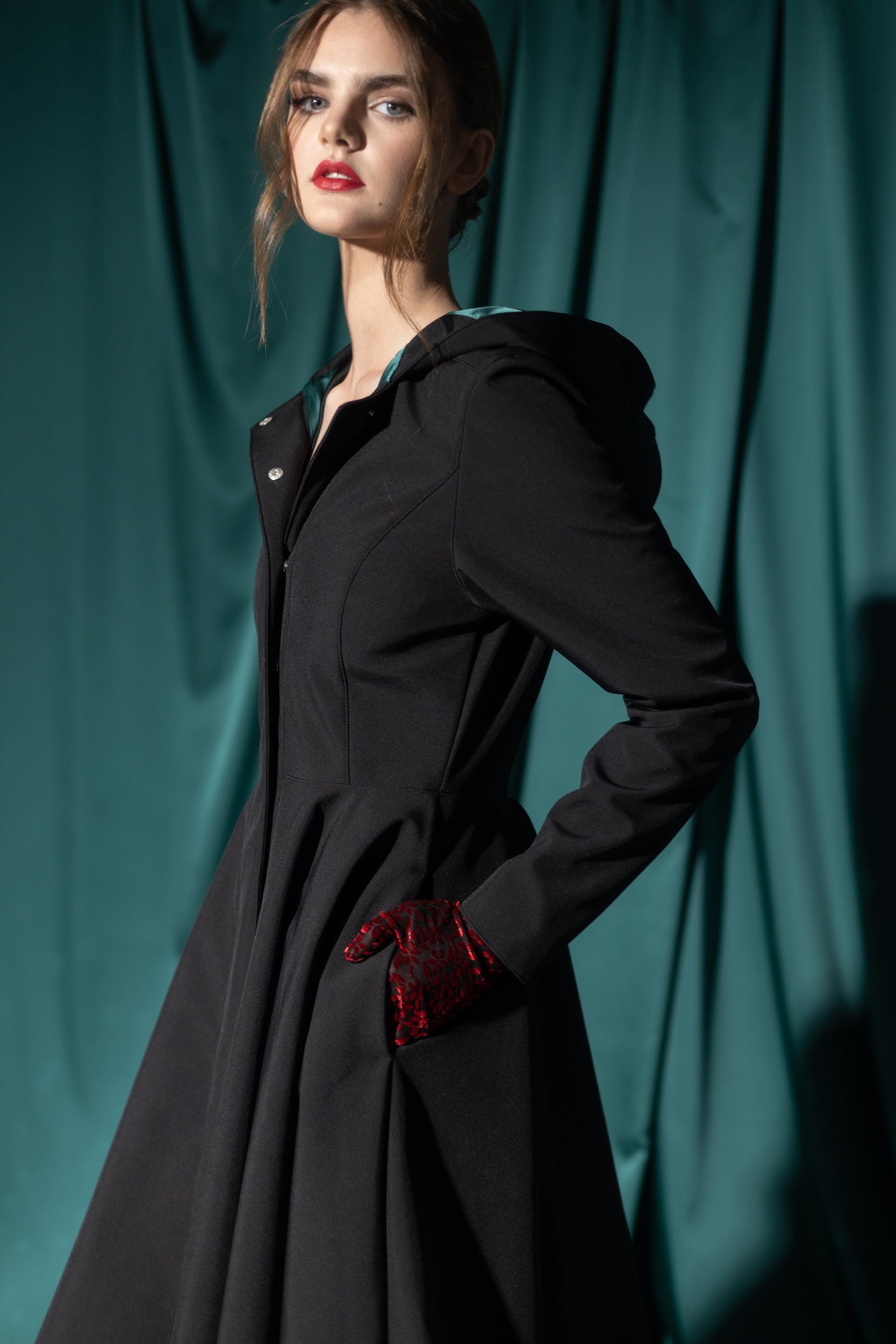 black coat with hidden pockets