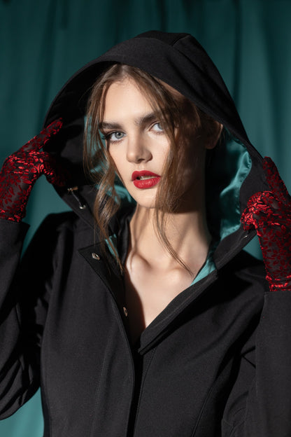 hooded Solid Black Coat with Emerald Green Lining