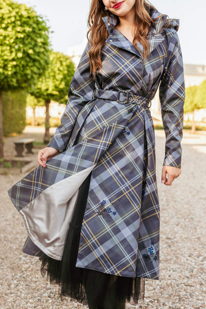 Close-up of belted waist and structured design of Duchess in Blue coat.