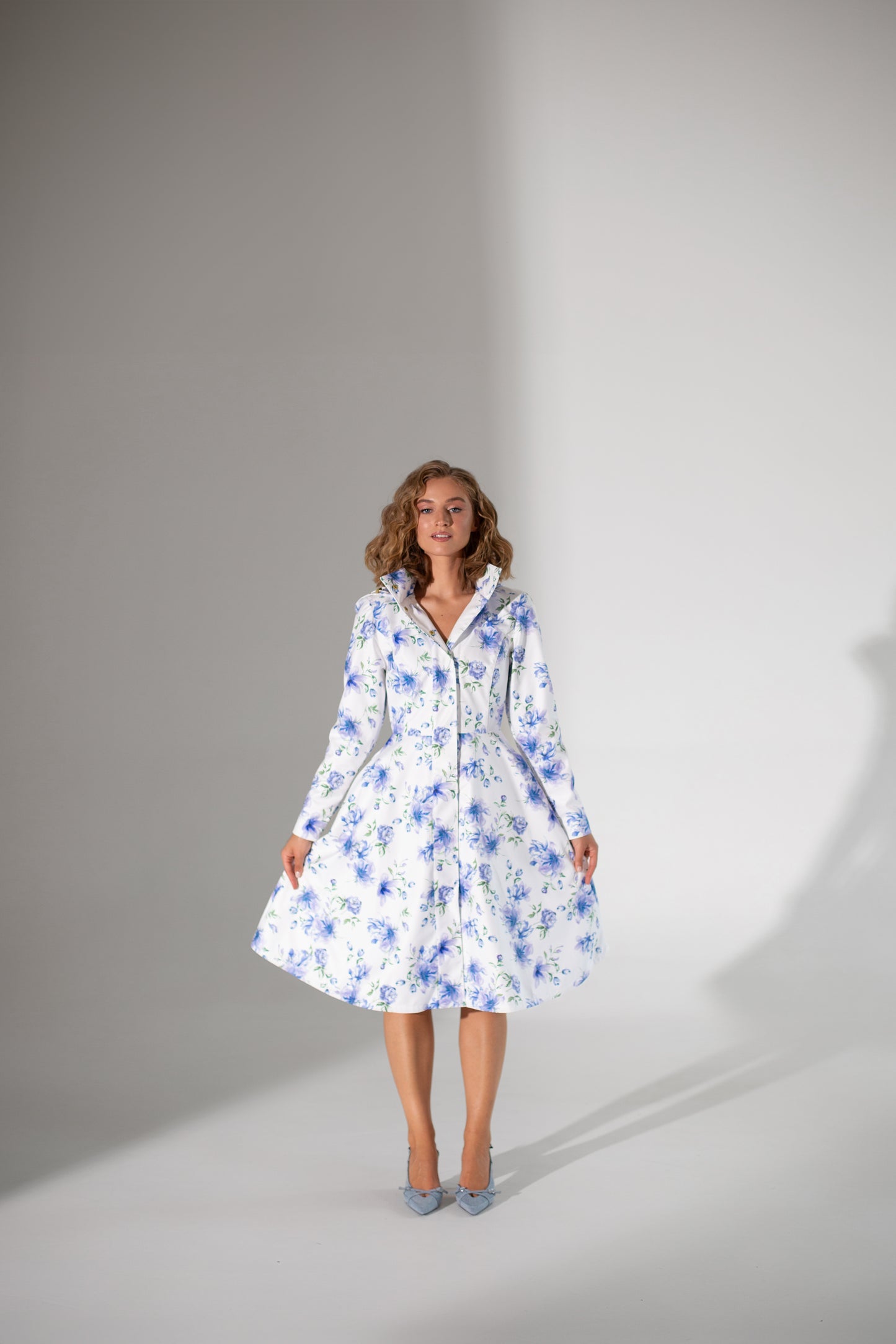 Fitted and Flared Coat with A-Line Skirt in White with Blue Flower Print | 'Floral White'