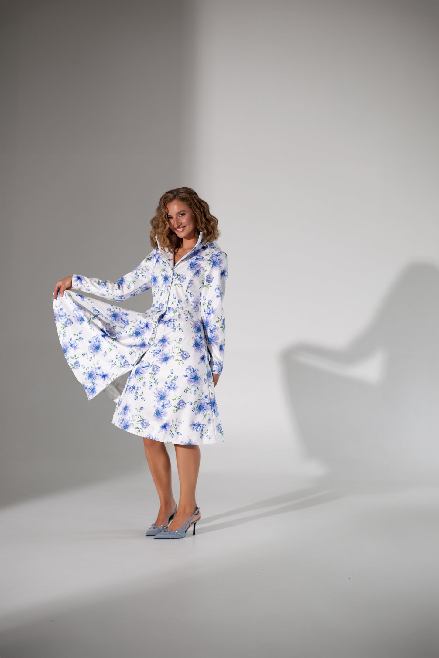 Fitted and Flared Coat with A-Line Skirt in White with Blue Flower Print | 'Floral White'