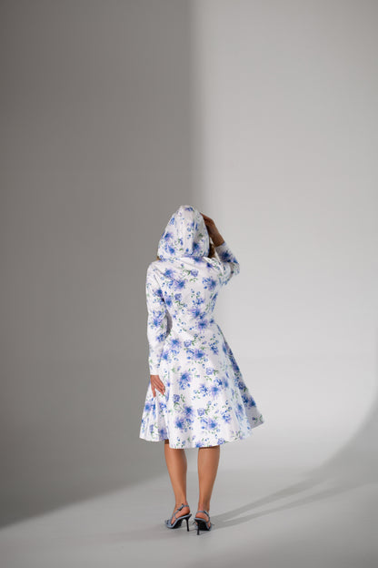 Fitted and Flared Coat with A-Line Skirt in White with Blue Flower Print | 'Floral White'