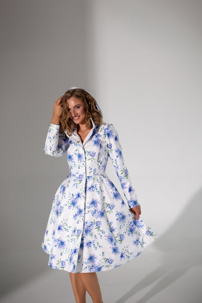 Fitted and Flared Coat with A-Line Skirt in White with Blue Flower Print | 'Floral White'