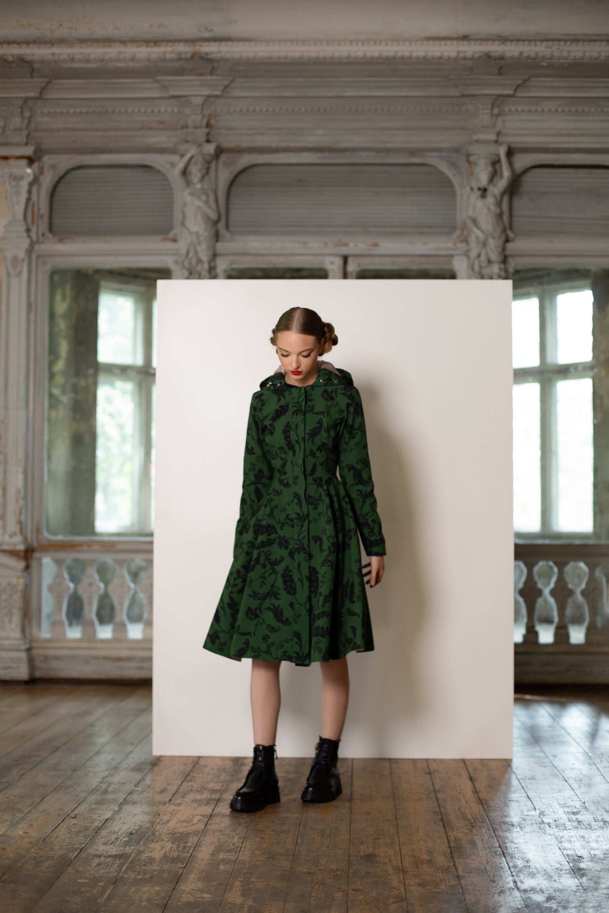 Dark Green Fitted and Flared Waterproof Women's Coat 