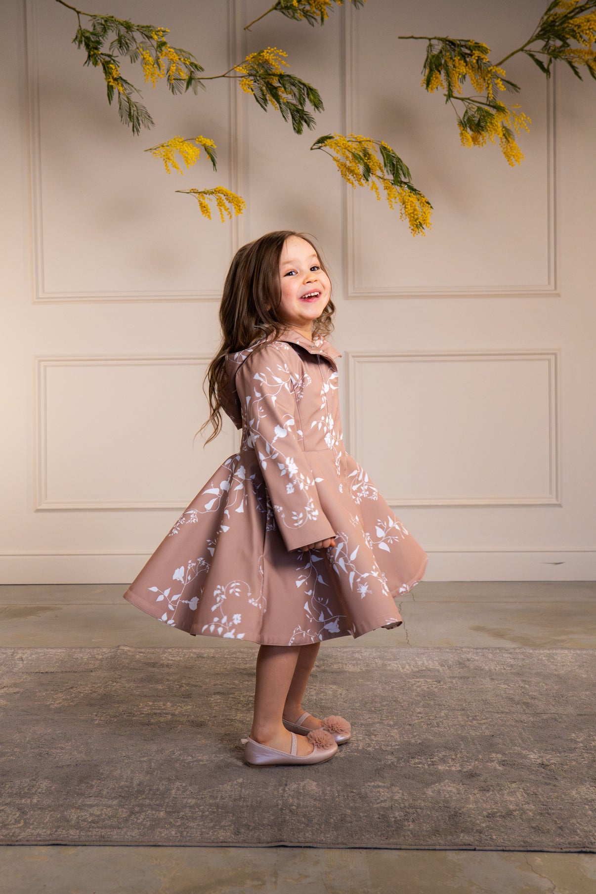 Fitted and Flared Coat for Girls in Pink-Beige with White Floral Print