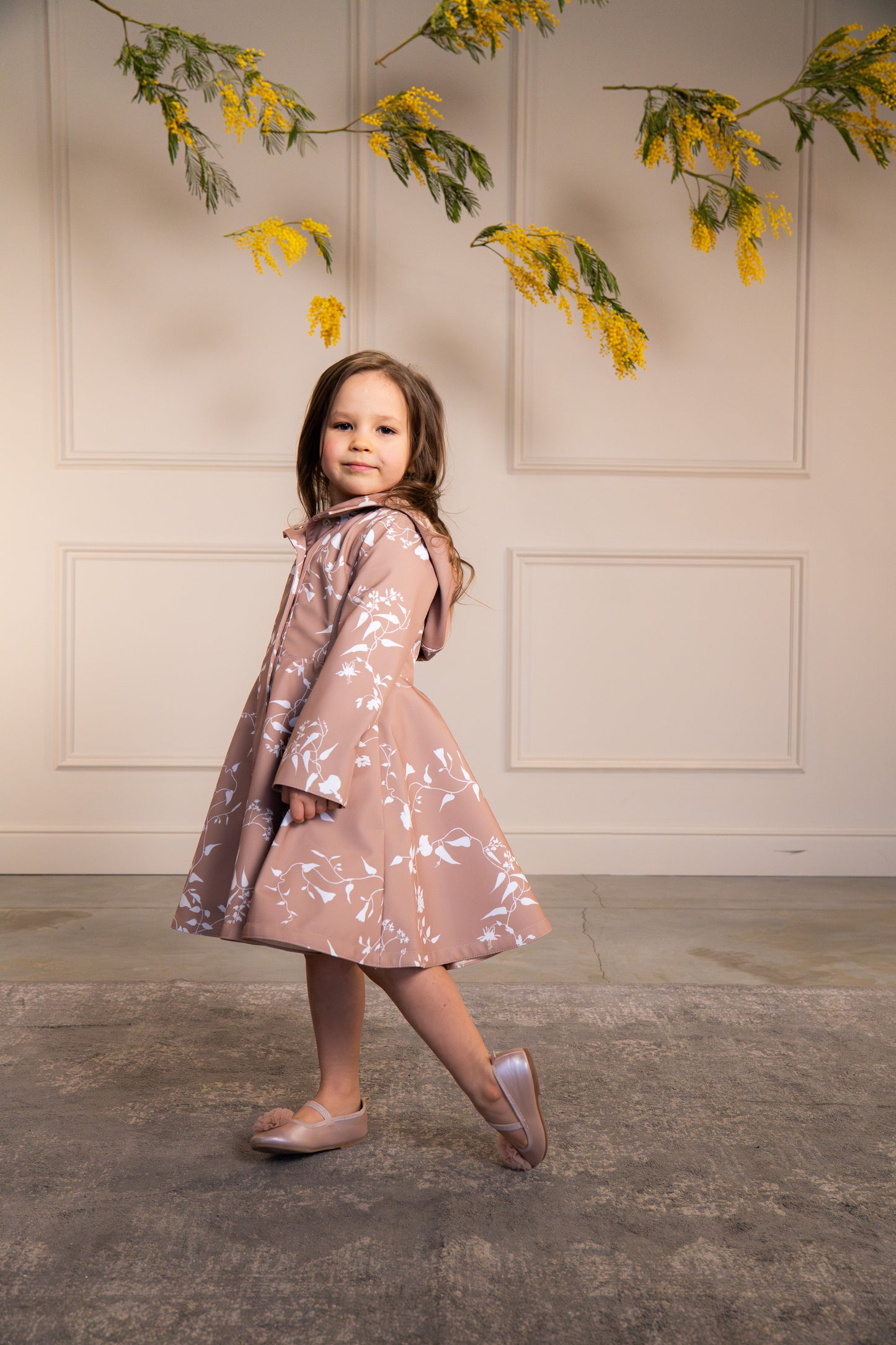 Fitted and Flared Coat for Girls in Pink-Beige with White Floral Print