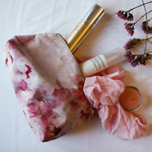 soft pink floral makeup bag