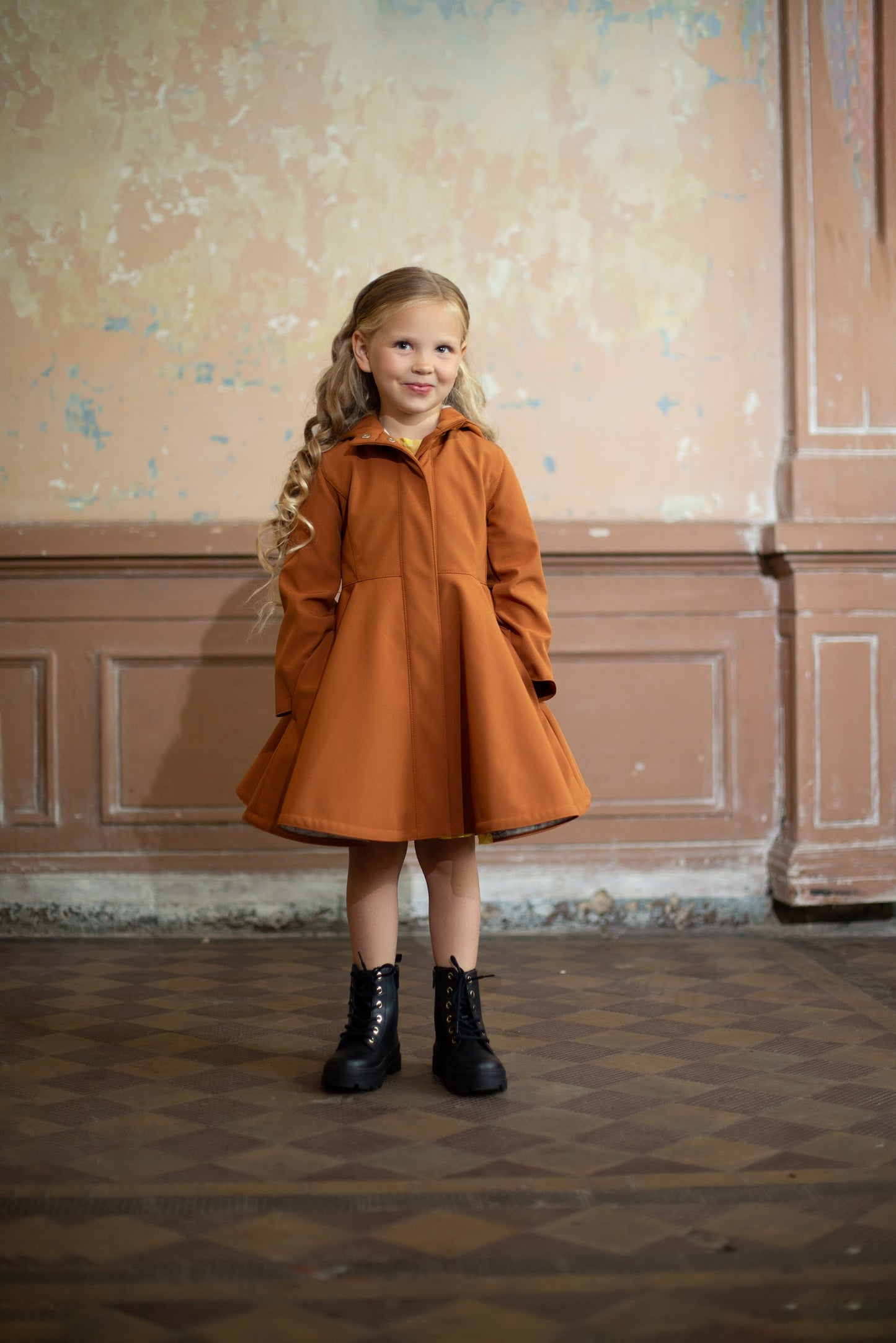 fitted Caramel Brown Coat with Hood for Girls