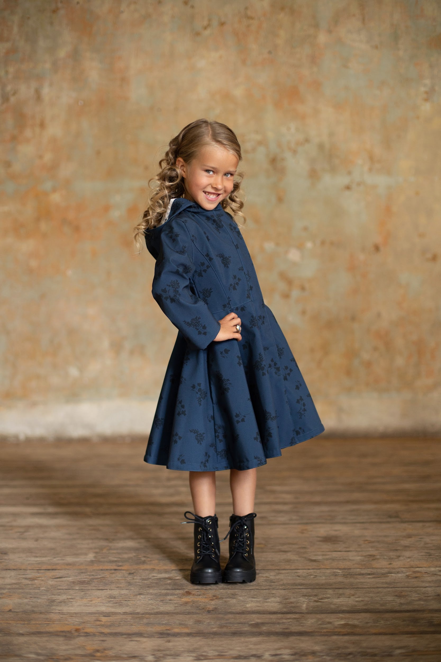 Fitted and Flared Dark Blue Coat with Floral Print for Girls 