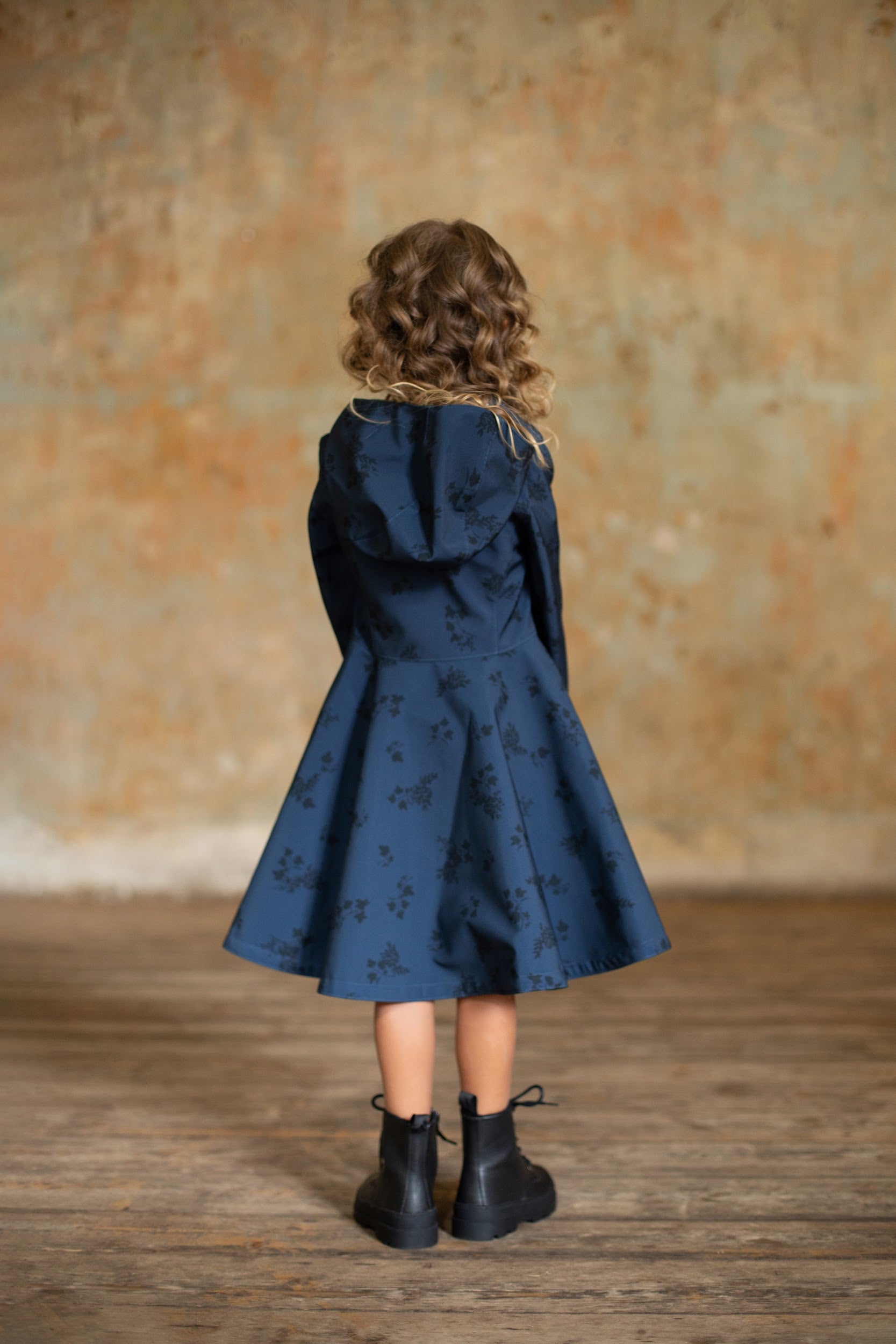 Hooded Dark Blue Coat with Floral Print for Girls 