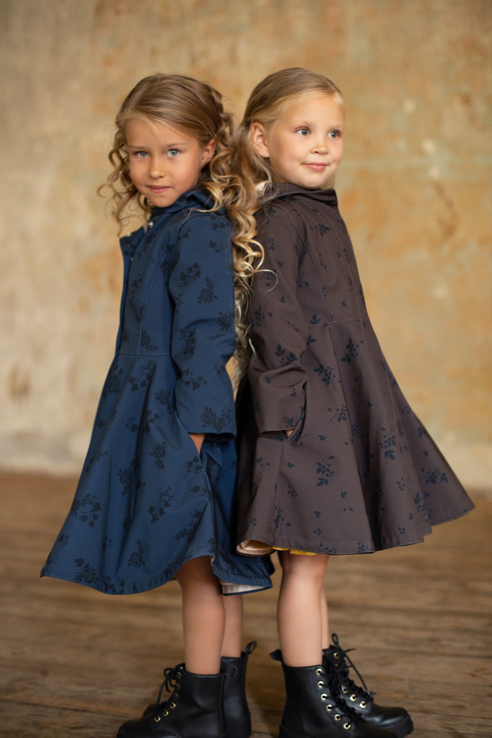 Brown and blue fitted and flared coats for girls