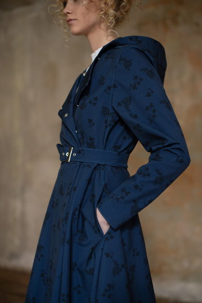 Dark Blue Coat with Floral Print and pockets