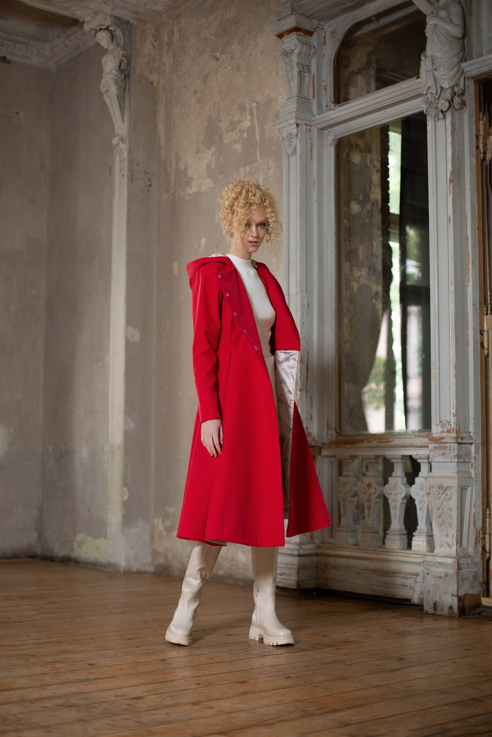 bright red coat with light full body lining
