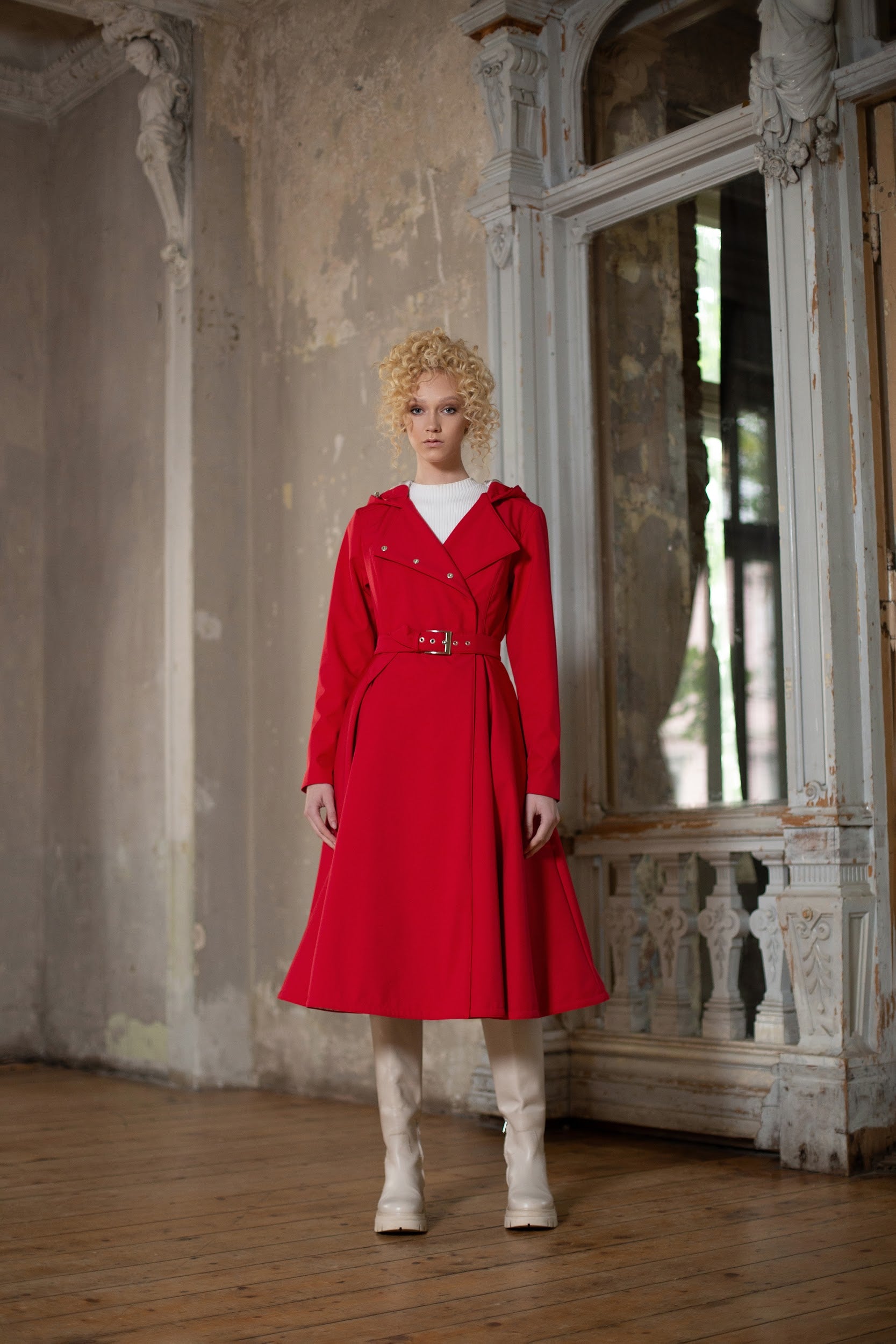 belted Bright Red Fitted and Flared Design Coat
