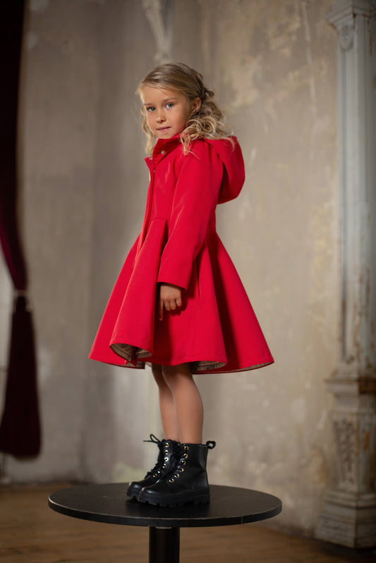 Bright Red Fitted and Flared Design Coat for Girls