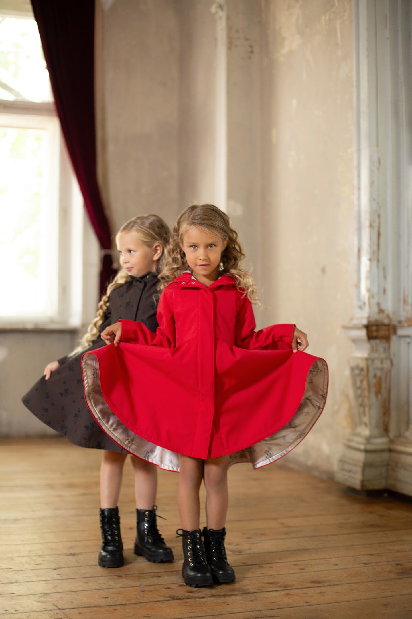 Brown and red fitted and flared coats for girls