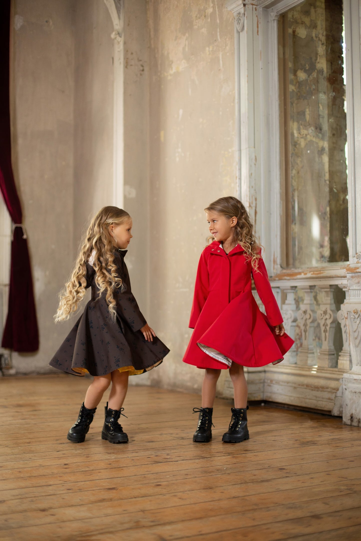 fitted and flared coats for girls in red and brown