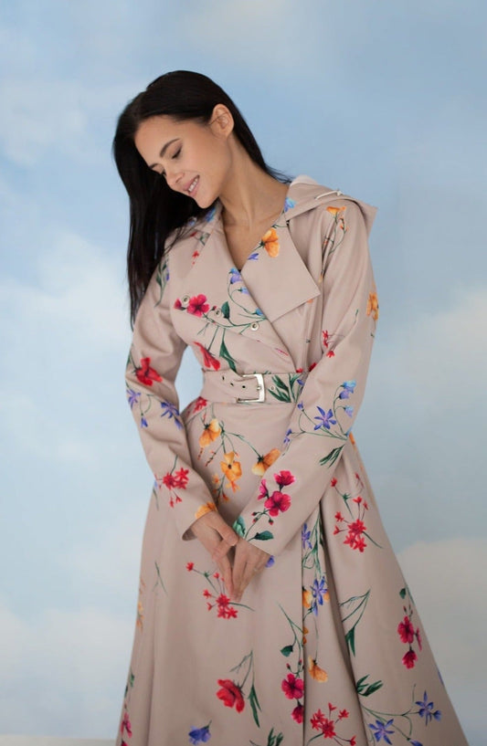 Beige Design Coat with Colorful Flower Print and Belt