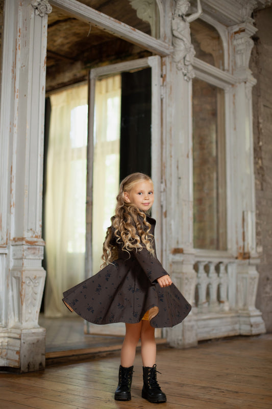 Fitted and Flared waterproof Coat with Black Floral Print for Girls 