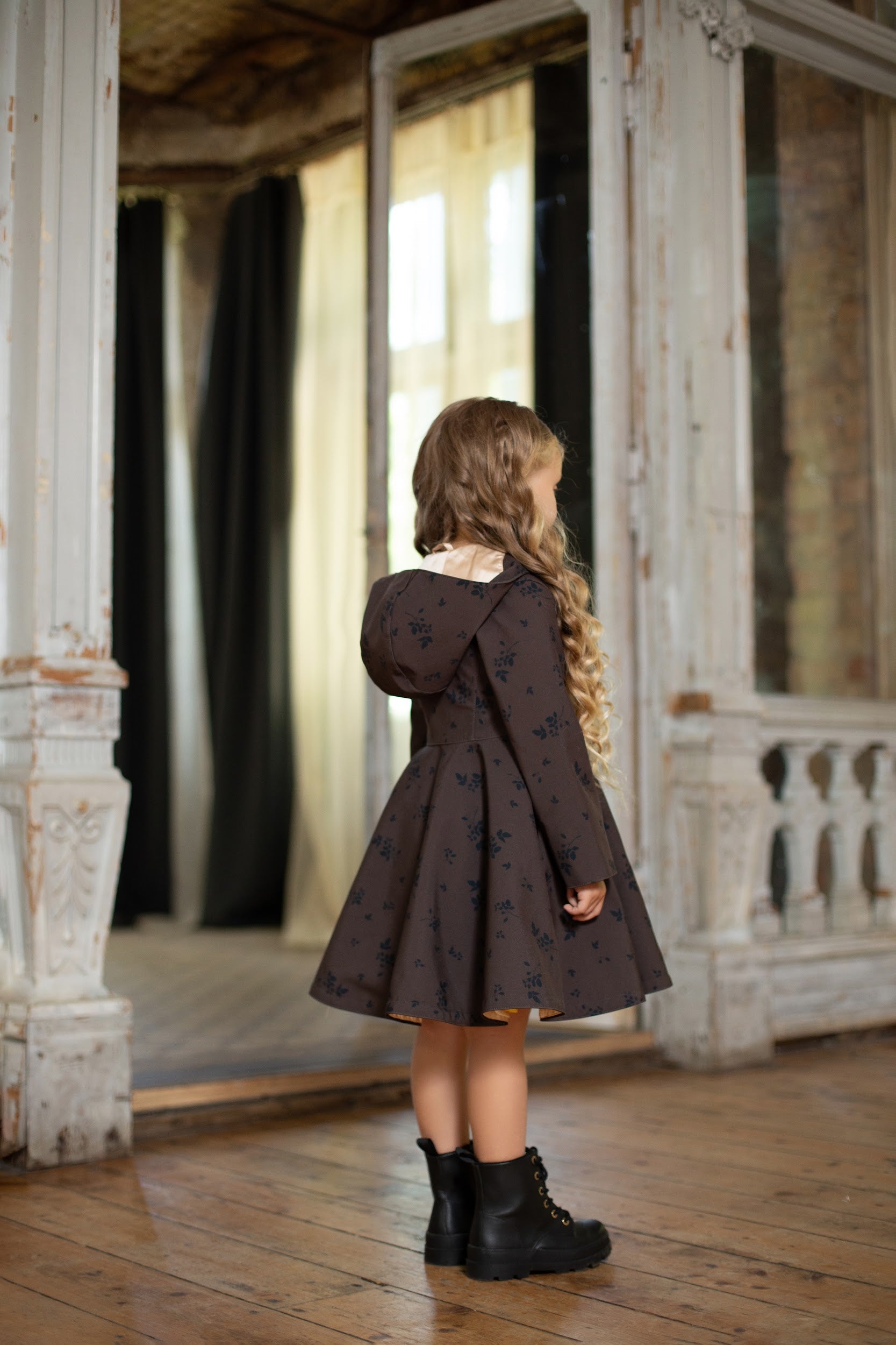 Dark Brown Coat with Black Floral Print for Girls 