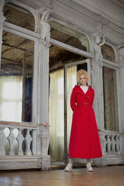 Belted bright red coat in maxi length