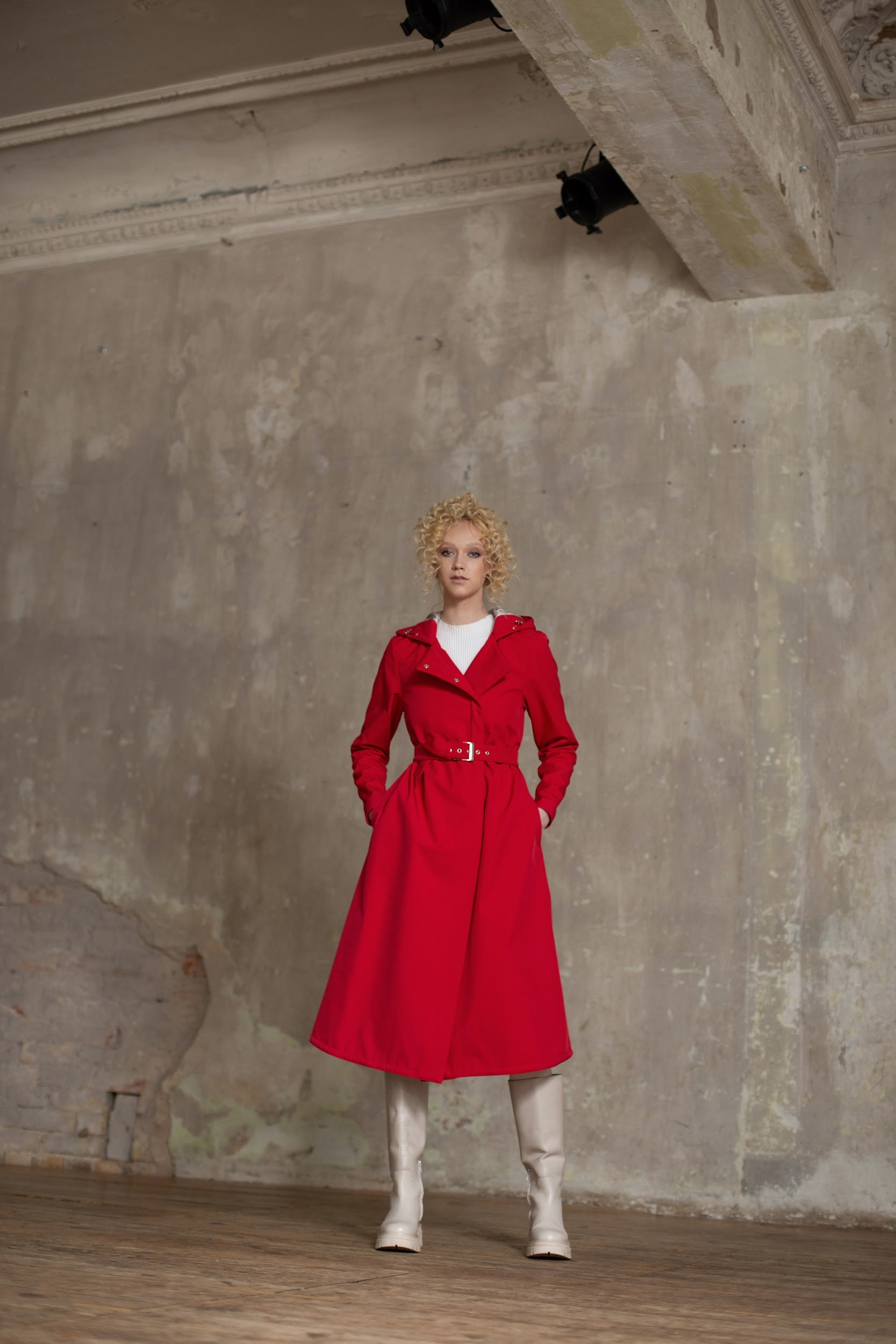 Belted Midi length a-line cut coat in red