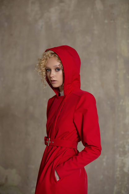 Hooded Double breasted bright red waterproof coat