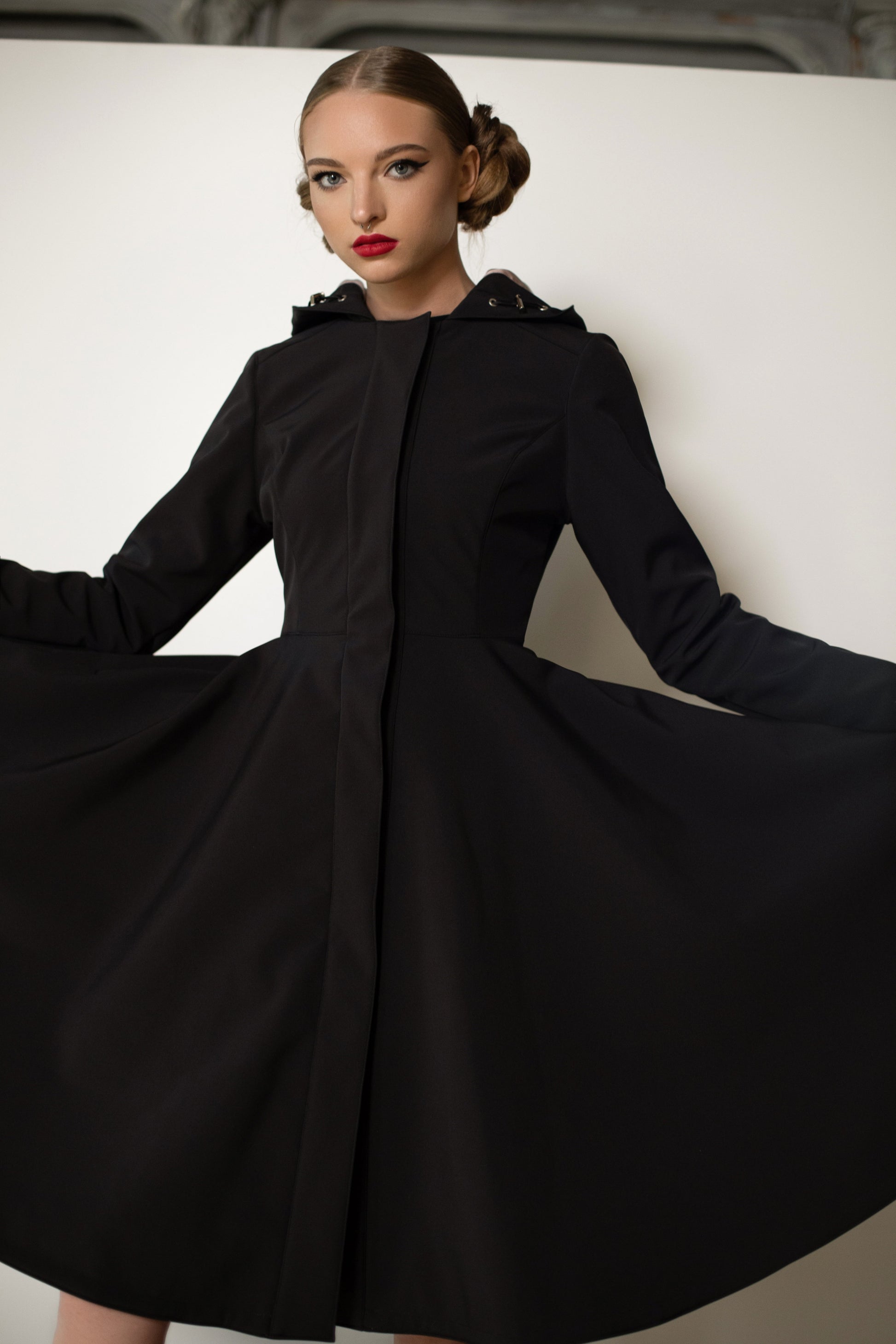 Long Black Women's Coat with Hood