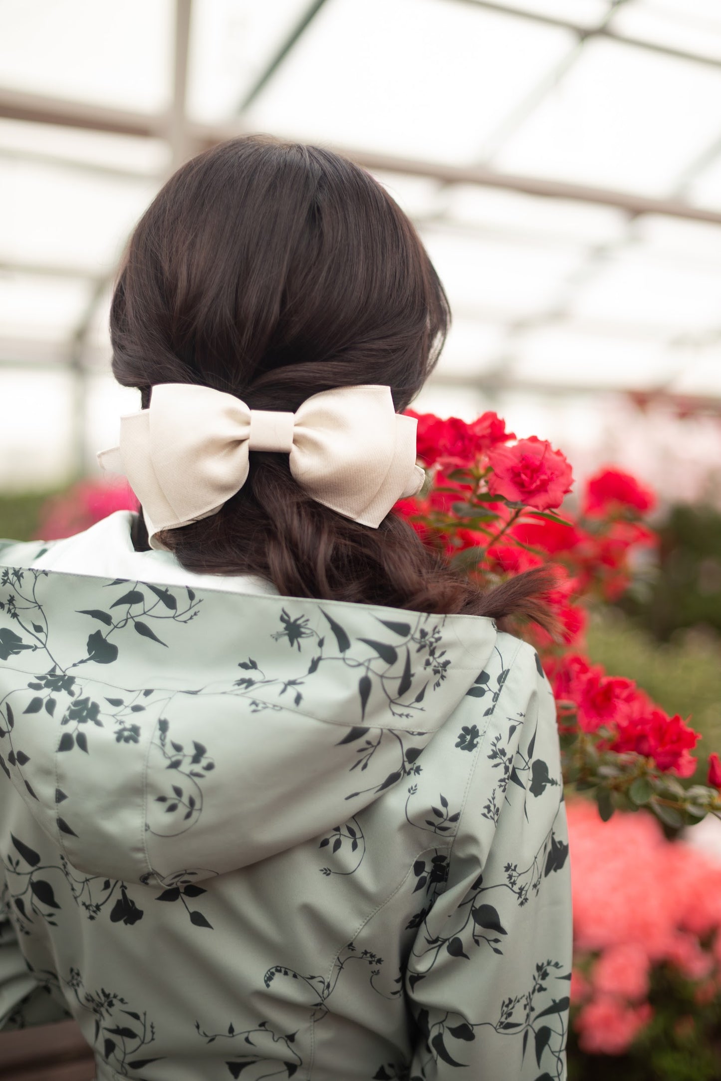 Hooded minty green coat with green floral print